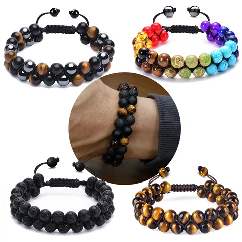 Bracelet Tissé Double Rangée en Pierre Naturelle Oeil de Tigre Onyx Noir Pierre de Lave pour Hommes Yoga Bracelet de Perles Tressé Réglable