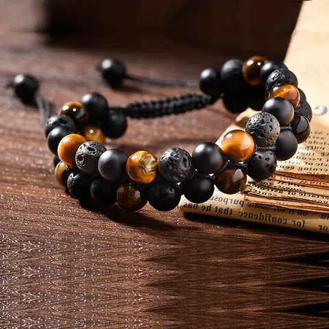 Bracelet Tissé Double Rangée en Pierre Naturelle Oeil de Tigre Onyx Noir Pierre de Lave pour Hommes Yoga Bracelet de Perles Tressé Réglable