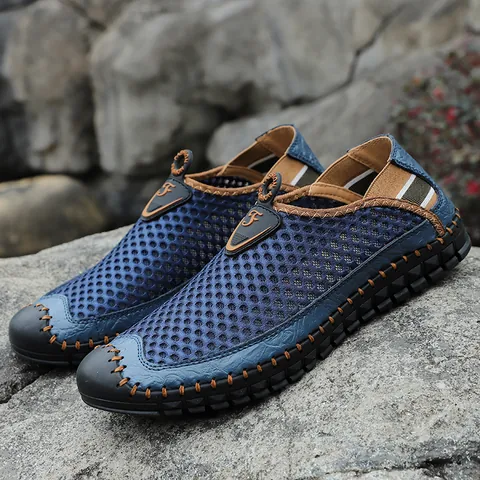 Damen Sommer Atmungsaktiv Mesh Freizeitschuhe Leder Patchwork Handgenäht Slipper Slip-On Große Größe Laufschuhe Flach Für Herren
