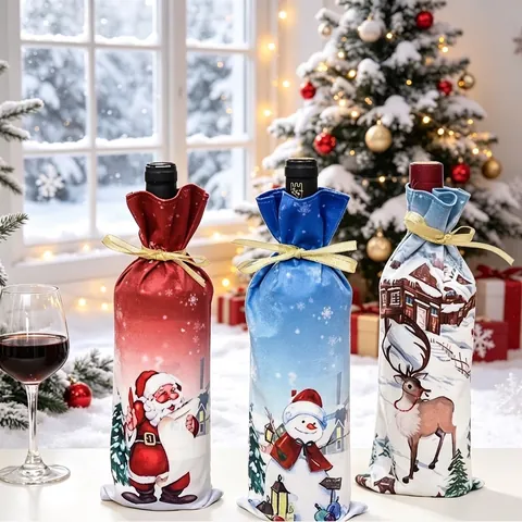 Christmas Wine Bottle Cover Fabric Santa Snowman Reindeer Print Gold Drawstring Holiday Party Dinner Table Decoration
