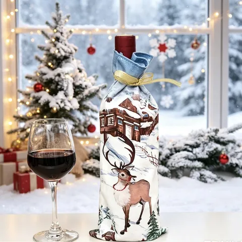 Christmas Wine Bottle Cover Fabric Santa Snowman Reindeer Print Gold Drawstring Holiday Party Dinner Table Decoration
