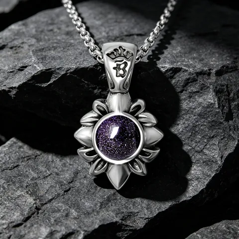 Βίντατζ Κολιέ με Μενταγιόν Ηλιοτρόπιο από Ατσάλι Τιτανίου για Άνδρες Γυναίκες Μπλε Ψαμμίτης Ακτινωτό Λουλούδι Κόσμημα