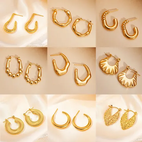 Vintage Gold Stainless Steel Hoop Earrings For Women Irregular Hammered Texture Geometric Stud Earrings Fashion Jewelry Accessory
