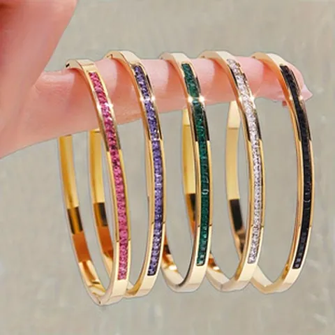 Elegant Stainless Steel Single Row Rhinestone Bracelet For Women Gold Silver Plated Square Stone Pave Hinged Bangle Jewelry