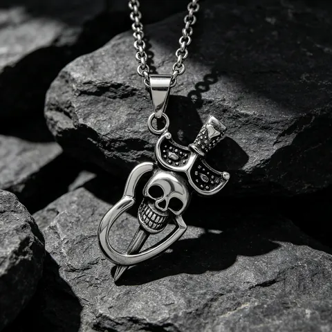Gothic Punk Skull Sword Heart Pendant Necklace For Men Women Stainless Steel Titanium Steel Retro Distressed Demon Pendant Jewelry