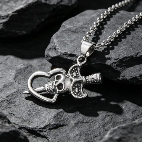 Gothic Punk Skull Sword Heart Pendant Necklace For Men Women Stainless Steel Titanium Steel Retro Distressed Demon Pendant Jewelry