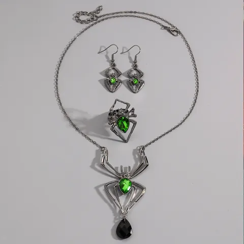 Araignée Gothique Collier Boucles Oreilles Bague Bijoux Halloween Exagéré Strass Vert Alliage Noir Fusil Accessoire Femme