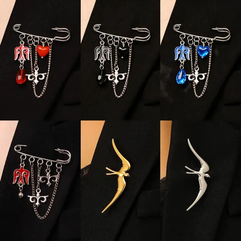 Kazakh Ethnic Style Safety Pin Brooch Silver Alloy Rhinestone Bird Heart Pendant Vintage Fashion Jewelry Accessory For Women