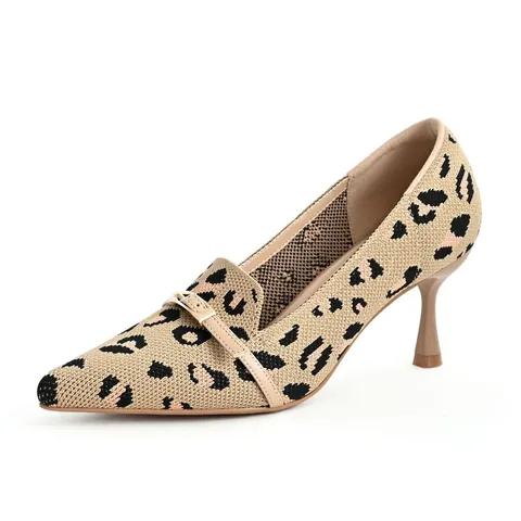 Women Pointed Toe Stiletto High Heels Fly-knit Breathable Pumps With Metal Buckle Leopard Black Apricot Office Dress Shoes