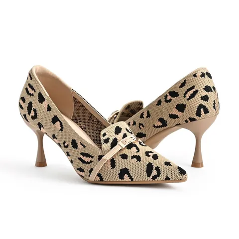 Women Pointed Toe Stiletto High Heels Fly-knit Breathable Pumps With Metal Buckle Leopard Black Apricot Office Dress Shoes