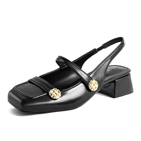 Women Square Toe Block Heel Sandals Retro Slingback Mary Jane Shoes Solid PU Patent Leather Gold Buckle Mid Heel Sandals