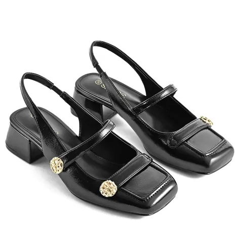 Women Square Toe Block Heel Sandals Retro Slingback Mary Jane Shoes Solid PU Patent Leather Gold Buckle Mid Heel Sandals