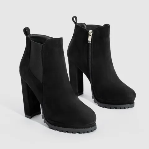 Women Suede Chelsea Ankle Boots Chunky High Heel Platform Round Toe Side Zipper Winter Booties