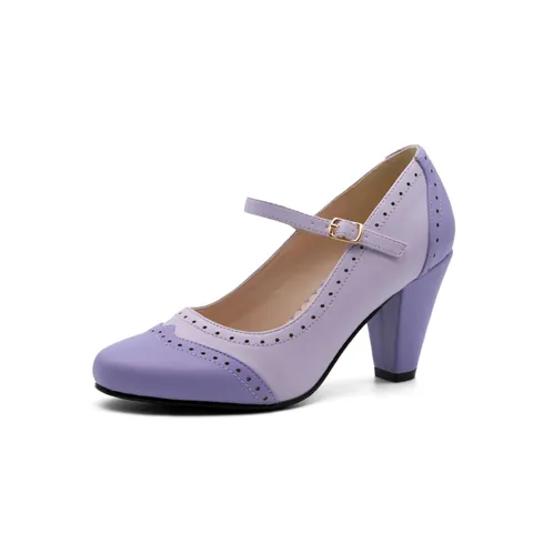 Retro Women Block High Heel Mary Jane Shoes T-Strap Color Block Brogue Pumps With Adjustable Buckle Square Toe Party Shoes
