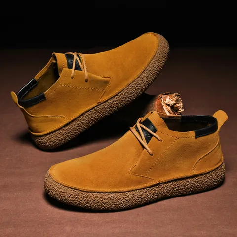 Men's Casual First Layer Cowhide Suede Leather Mid-Top Martin Boots Vintage Solid Color Rubber Sole Workwear Shoes For Men