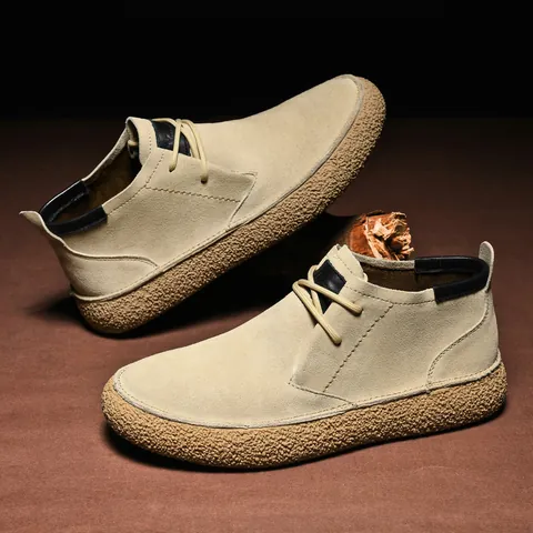 Men's Casual First Layer Cowhide Suede Leather Mid-Top Martin Boots Vintage Solid Color Rubber Sole Workwear Shoes For Men