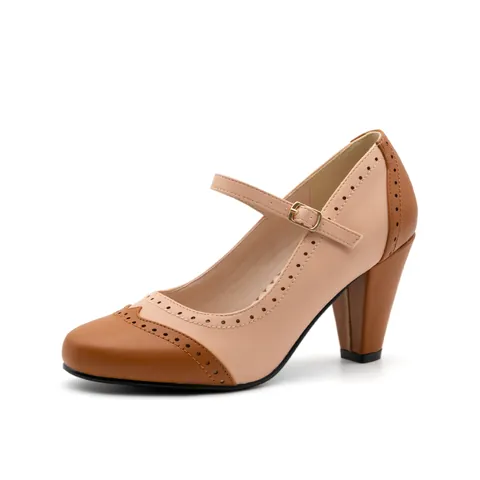Retro Women Block High Heel Mary Jane Shoes T-Strap Color Block Brogue Pumps With Adjustable Buckle Square Toe Party Shoes