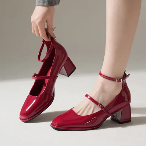 Women Block Heel Mary Jane Shoes Square Toe Patent Leather Pumps With Ankle Strap For Wedding Party Dress Shoes