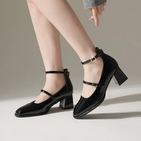 Women Block Heel Mary Jane Shoes Square Toe Patent Leather Pumps With Ankle Strap For Wedding Party Dress Shoes
