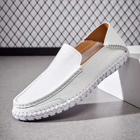 Men's First Layer Cowhide Loafers Low Top Soft Sole Casual Driving Shoes Slip-On Hand-Stitched Litchi Texture Men's Footwear