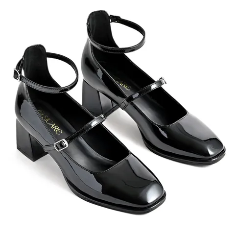 Women Patent Leather Mary Jane Shoes Block Heel Square Toe Single Ankle Strap Pumps Fashion Retro Dress Shoes For Wedding