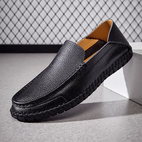 Men's First Layer Cowhide Loafers Low Top Soft Sole Casual Driving Shoes Slip-On Hand-Stitched Litchi Texture Men's Footwear