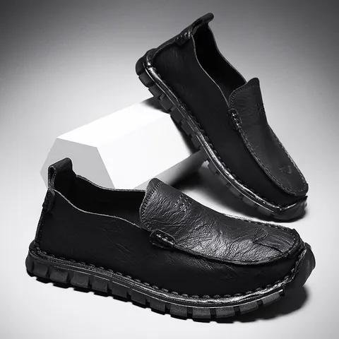 Herren Handgefertigte Spaltleder Slipper Britischer Stil Slip On Fahrschuhe Lässige Einfarbige Handgenähte Gummisohle Flache Schuhe