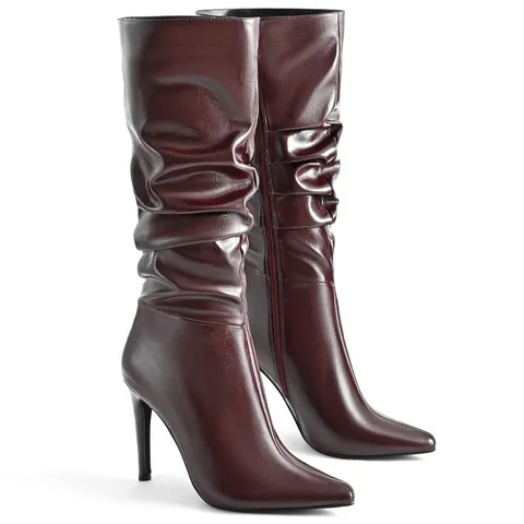 Pointed Toe Stiletto High Heel Boots For Women Fashion Slouchy Knee High Boots Sexy Ruched Faux Leather Boots Autumn Winter Shoes