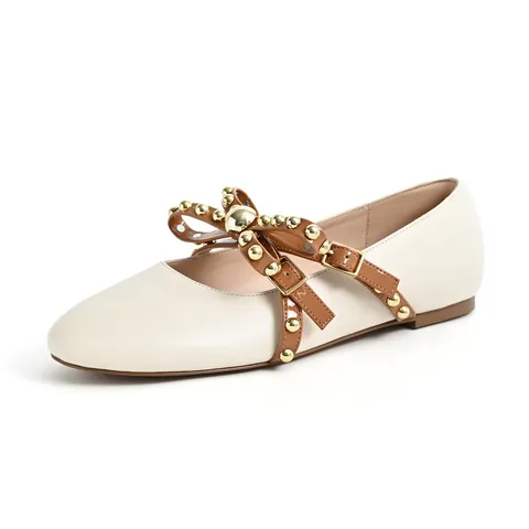Women Flat Shoes Round Toe Shallow Mouth PU Leather Rivets Bow Belt Buckle Slip-On Casual Elegant Princess Shoes