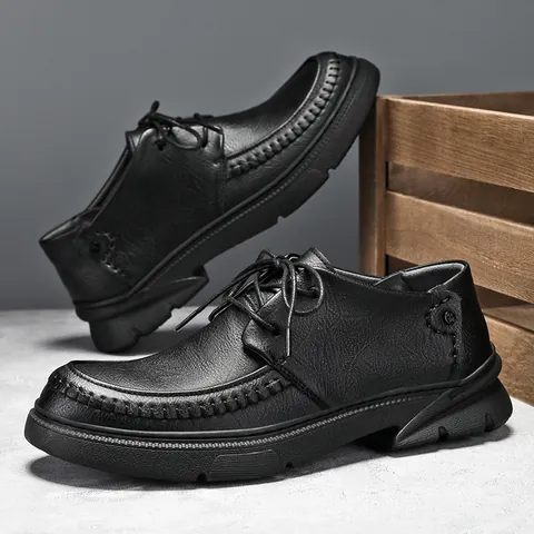 Herren Business Casual Lederschuhe Dicke Sohle Langlebige Schnürschuhe Arbeitsschuhe Handgefertigte Nähte Mikrofaser Leder Flach