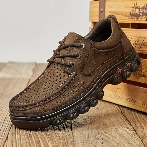 Sommer Herren Oberste Schicht Rindsleder Lässige Schuhe Outdoor Aushöhlung Atmungsaktiv Low Top Weiche Sohle Rutschfest Leder Schuhe