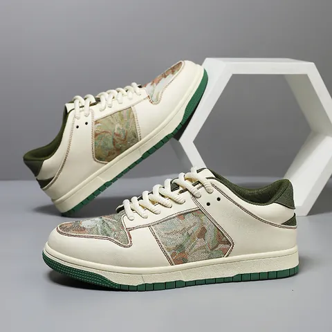 Casual Leather Skateboard Shoes For Men Women Fashion Lace-up Breathable Color Block Sneakers Retro Flat Streetwear Shoes