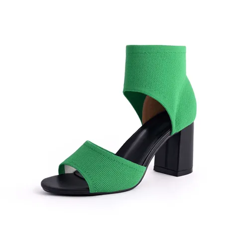 Women Flyknit Block High Heel Sandals Round Open Peep Toe Sock Sandal Roman Style Breathable Knit Fabric Summer Shoes