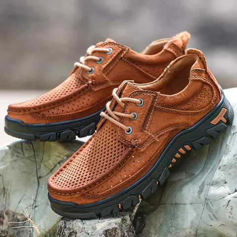 Herren Vintage Outdoor Freizeitschuhe Top-Grain Rindsleder Atmungsaktiv Hohl Dicke Sohle Gummi Sneakers Für Wandern Alltag