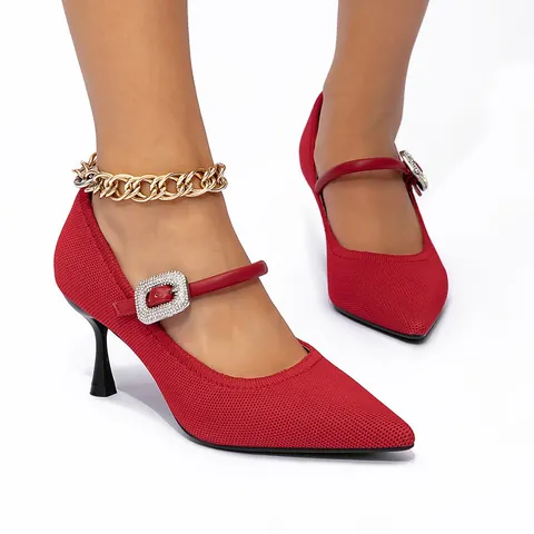 Women Pointed Toe Mary Jane High Heels Rhinestone Buckle Flyknit Stiletto Pumps Elegant Office Dress Shoes Single Shoes