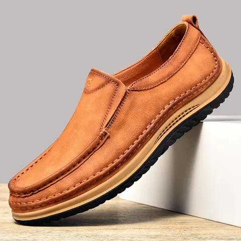 Herren Outdoor Freizeitschuhe Echtes Kuhleder Slip-on Slipper Dicke Sohle Komfortable Flache Schuhe Für Männer Braun Khaki