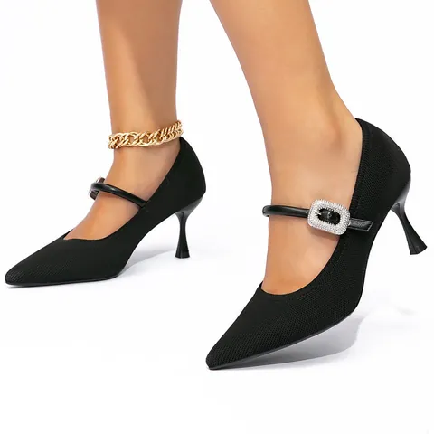 Women Pointed Toe Mary Jane High Heels Rhinestone Buckle Flyknit Stiletto Pumps Elegant Office Dress Shoes Single Shoes