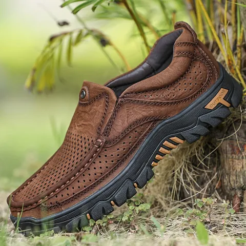 Herren Top-Grain-Rindsleder Outdoor Freizeit Schuhe Atmungsaktiv Wandern Slipper Arbeitsschuhe Handgenähte Mokassins Tägliche Gehschuhe