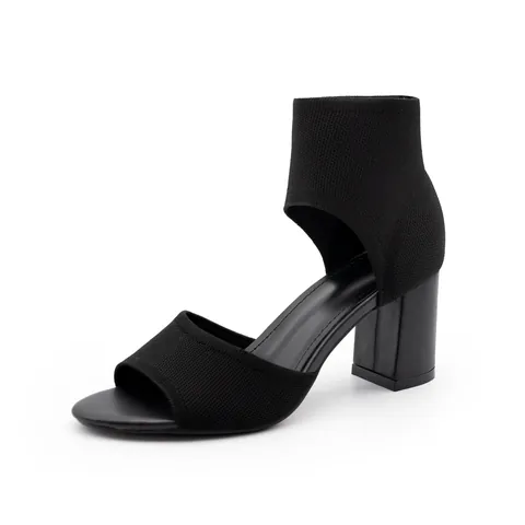 Women Flyknit Block High Heel Sandals Round Open Peep Toe Sock Sandal Roman Style Breathable Knit Fabric Summer Shoes