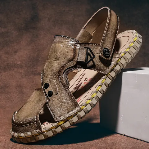 Herren Lässige Mikrofaser Krokodilmuster Sandalen Handgenäht Atmungsaktiv Weiche Gummisohle Römische Strandschuhe Outdoor Freizeit Schuhe