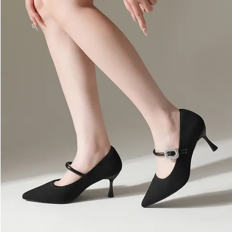Women Pointed Toe Stiletto High Heels Fly Knit Mary Jane Shoes With Rhinestone Buckle Shallow Mouth Elegant Office Dress Single Shoes