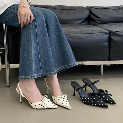 French Style Women Polka Dot Bow Stiletto High Heel Sandals Pointed Toe One-Strap Slingback Mules Elegant Party Dress Shoes