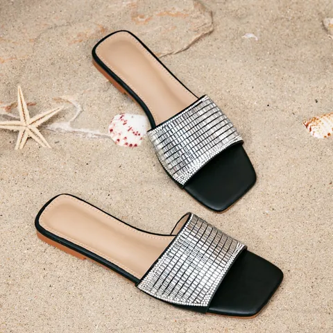 Women Rhinestone Square Toe Flat Slides Summer Beach Fashion Black PU Rubber Sole Single Strap Sandals Slippers