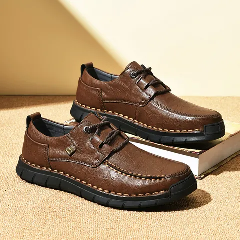 Herren Casual Leder Schuhe Mikrofaser Weiche Sohle Handgenäht Schnürschuhe Übergröße Bequeme Rutschfeste Business Wanderschuhe