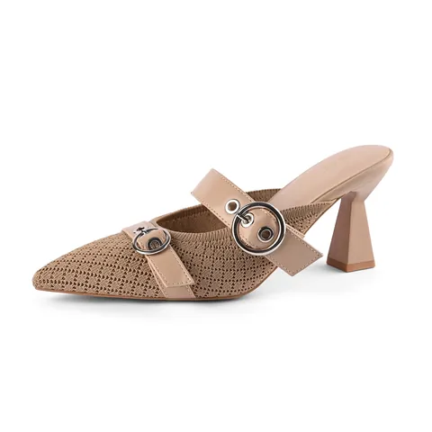 Women Pointed Toe Mules Knitted Fabric Heeled Sandals Metal Buckle Strap Conical Mid Heel Fashion Backless Slingback Shoes
