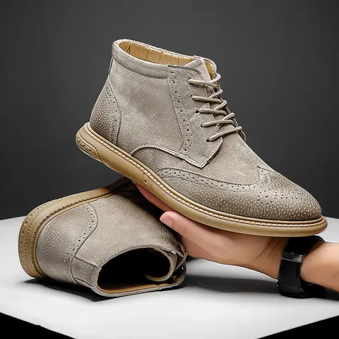 Britischer Stil Herren Brogue Martin Stiefel Echtes Leder Mid Top Outdoor Freizeit Arbeitsschuhe Rutschfest Herbst Schuhe