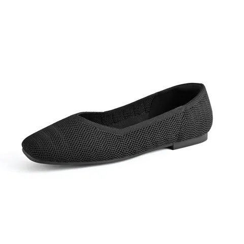 Women Flyknit Flats Shoes Breathable Square Toe Slip On Loafers Comfortable Low Heel Walking Shoes For Daily Office Work Casual