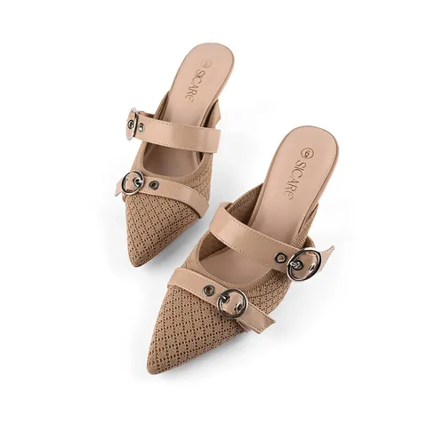 Women Pointed Toe Mules Knitted Fabric Heeled Sandals Metal Buckle Strap Conical Mid Heel Fashion Backless Slingback Shoes
