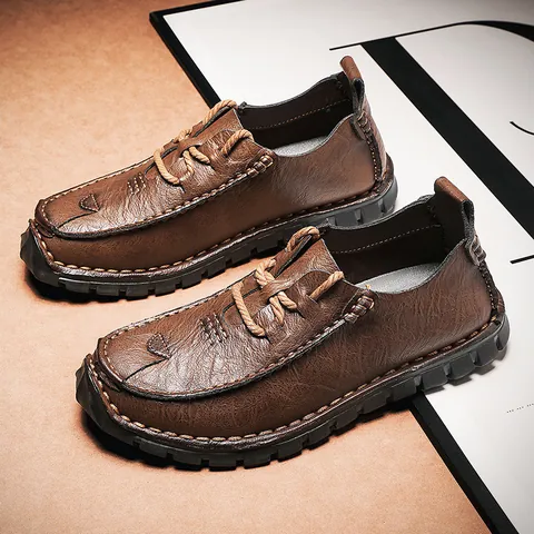 Herren Casual Lederschuhe Herbst Leichtgewichtig Mode Outdoor Große Größe Low Top Handgenäht Rutschfeste Gummisohle Schuhe