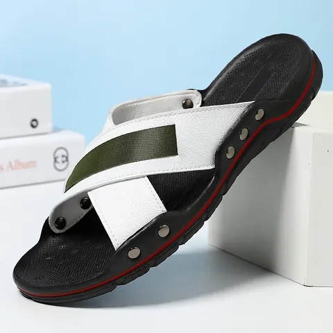 Herren Rindleder Strand Sandalen Nieten Deko Kreuzriemen Sommer Outdoor Wading Slides Casual Rutschfeste Sandalen Für Männer